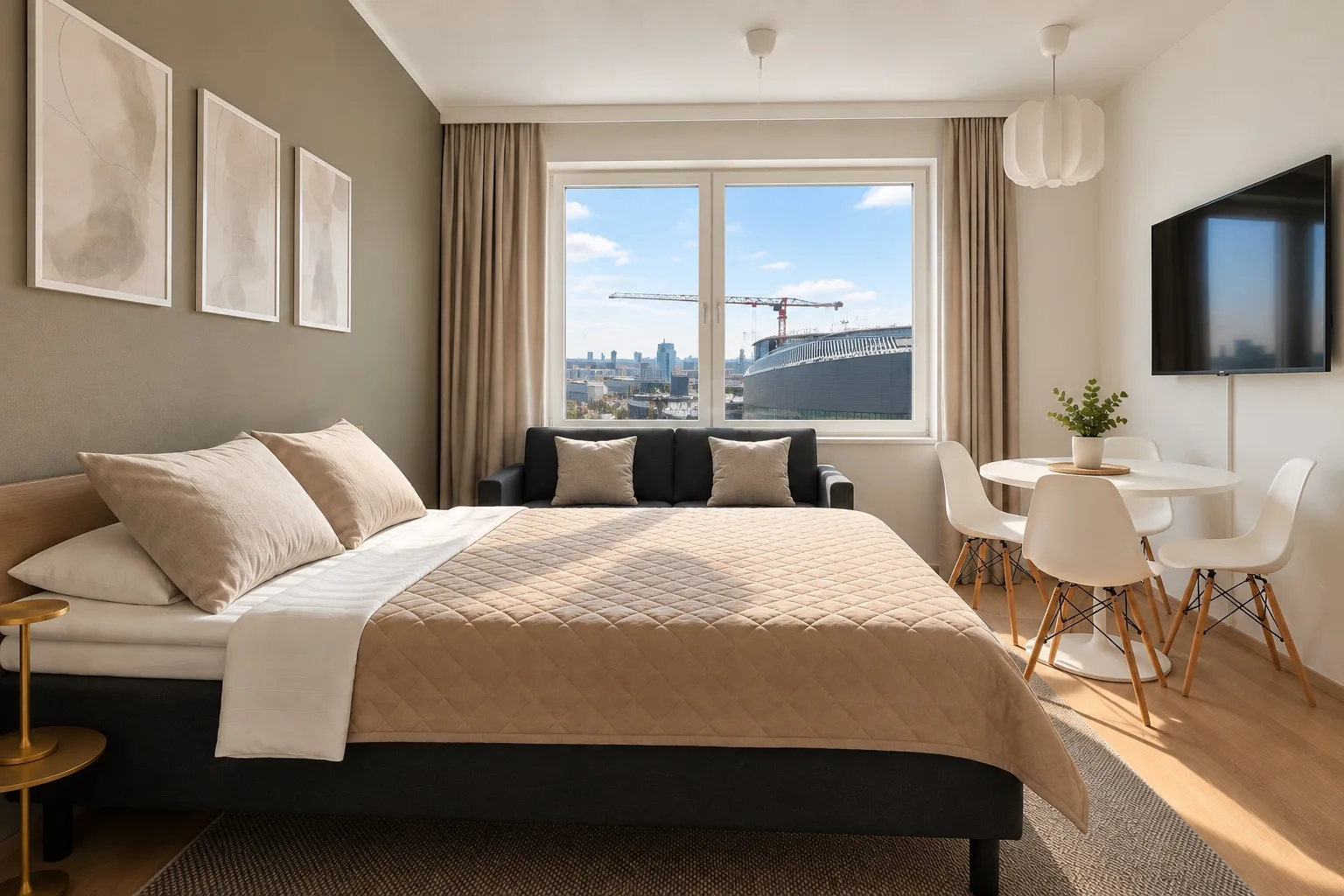 Bed and sofa beside a window