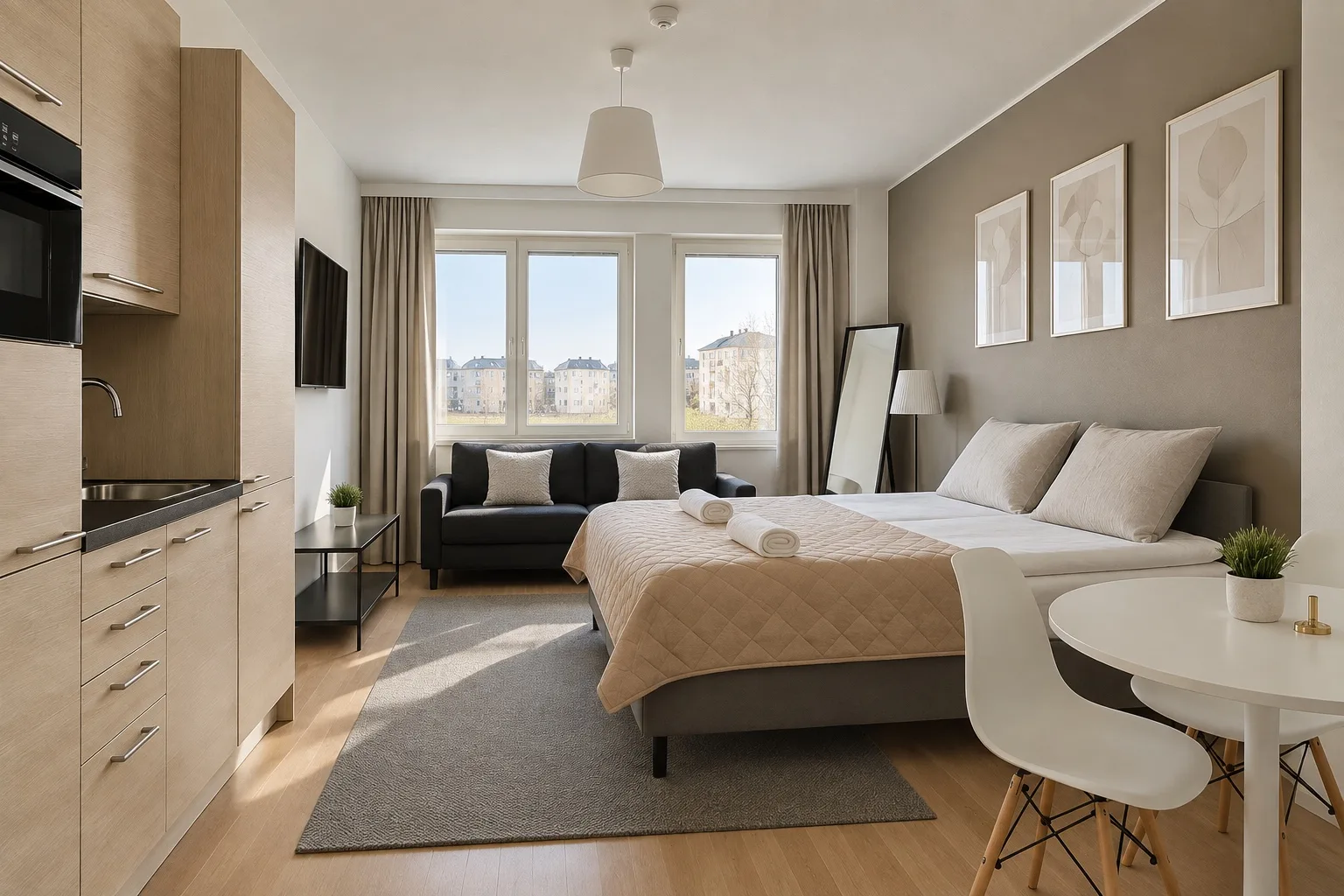 Bed, kitchen and seating area in one room