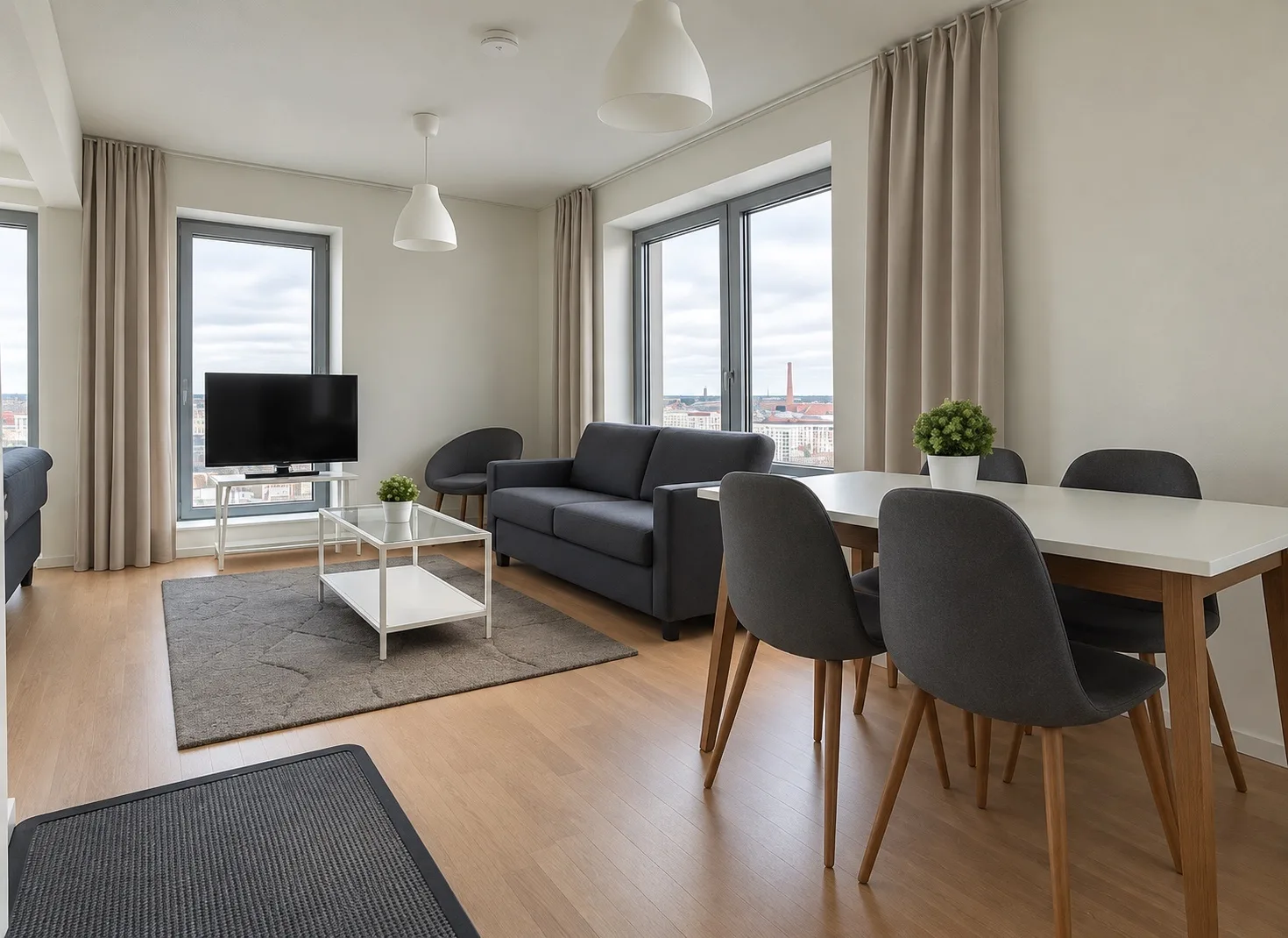 Sofa and dining table in a bright room