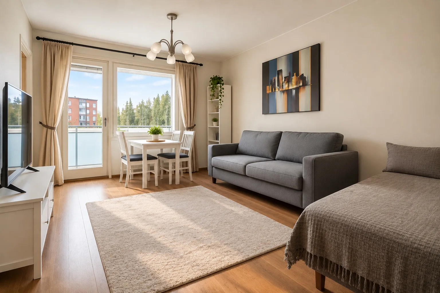 Sofa and dining table beside a window