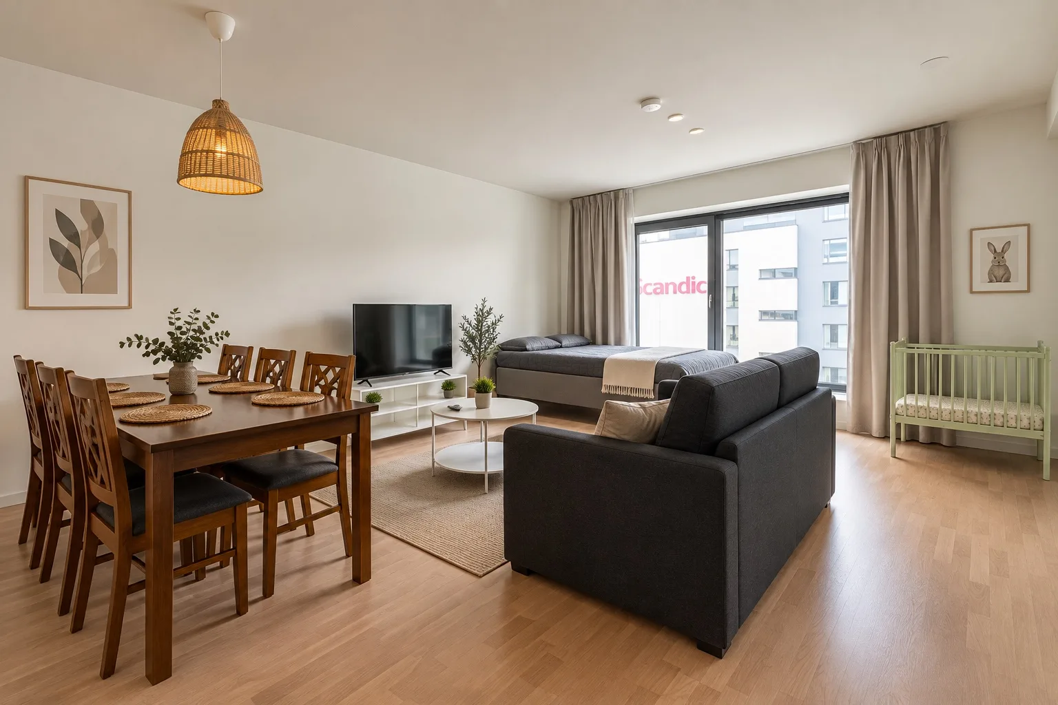 Dining table and sofa in front of a window
