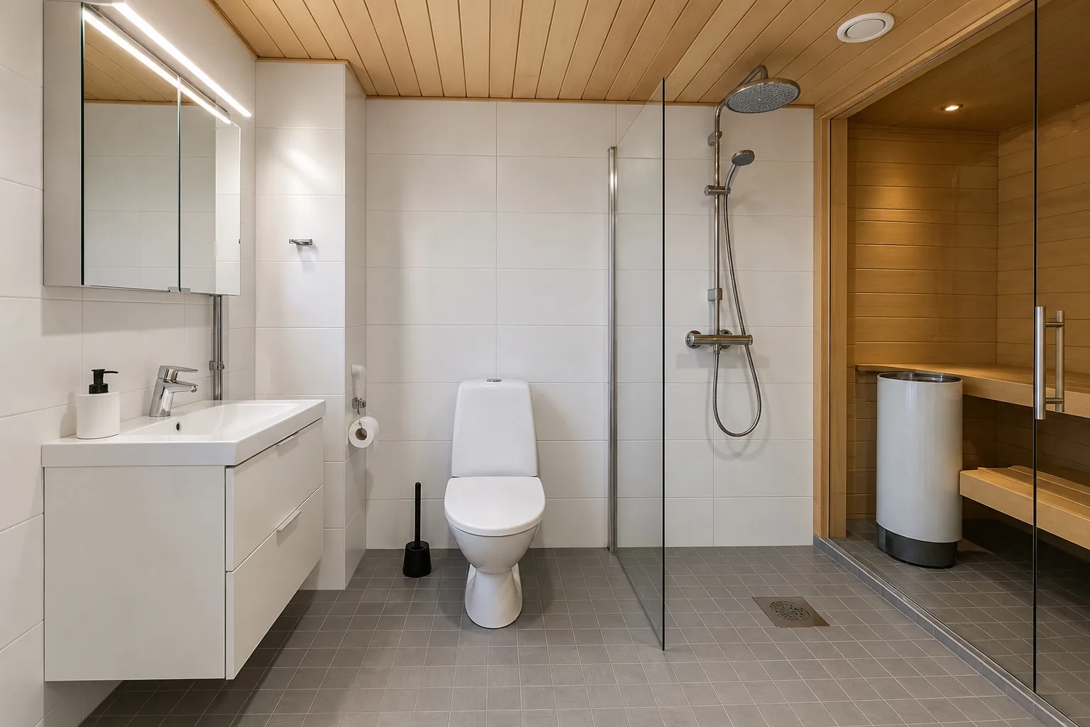 Kylpyhuoneen suihku ja sauna