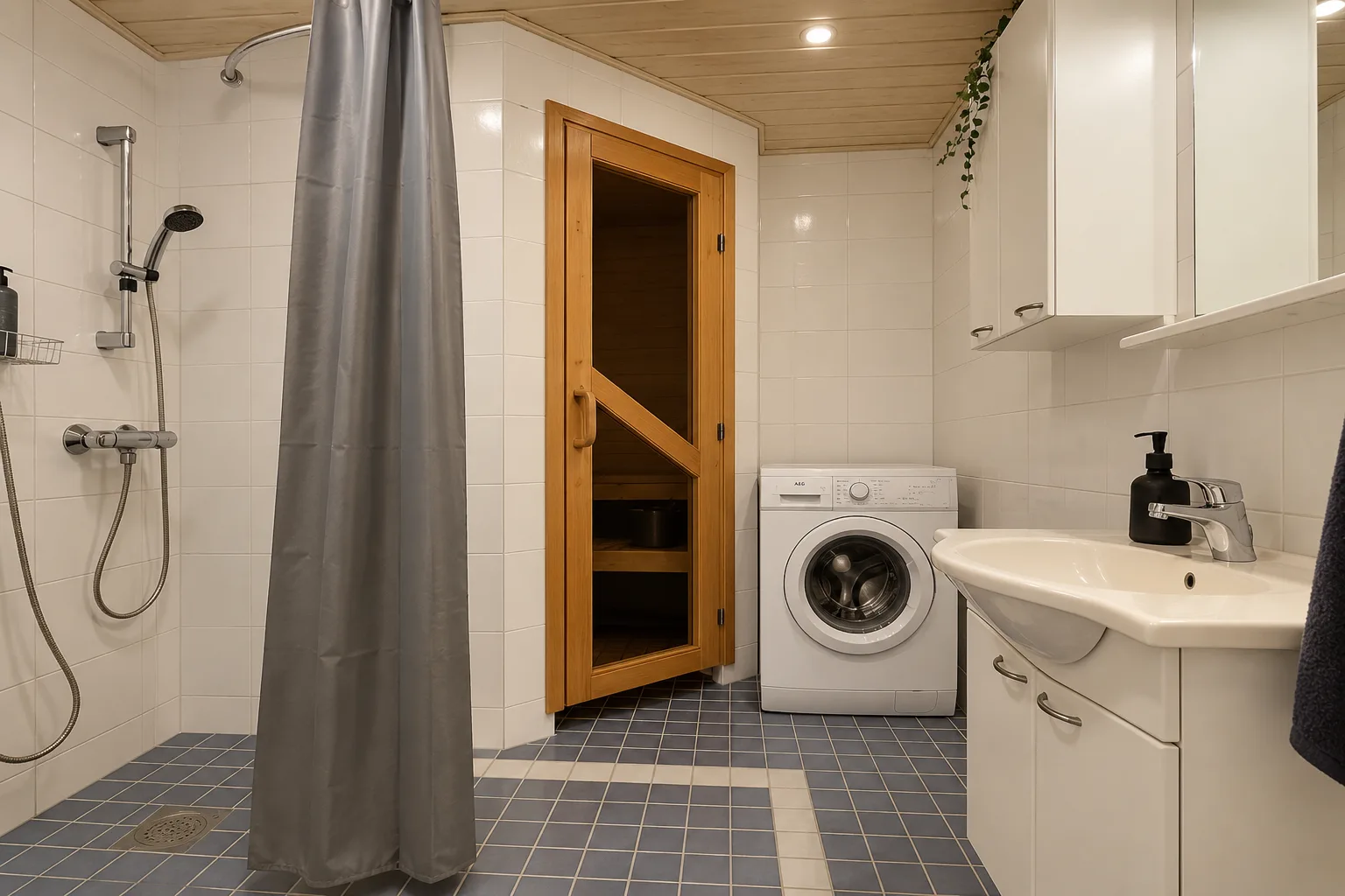 Bathroom shower, sink and sauna door