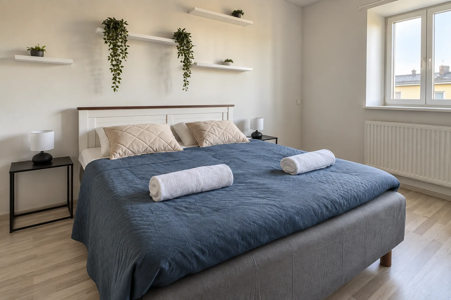 Bed beside a bedroom window