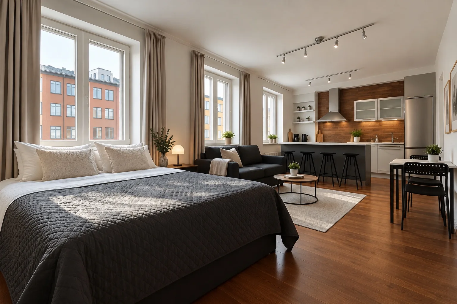 Bed, sofa and kitchen in one space